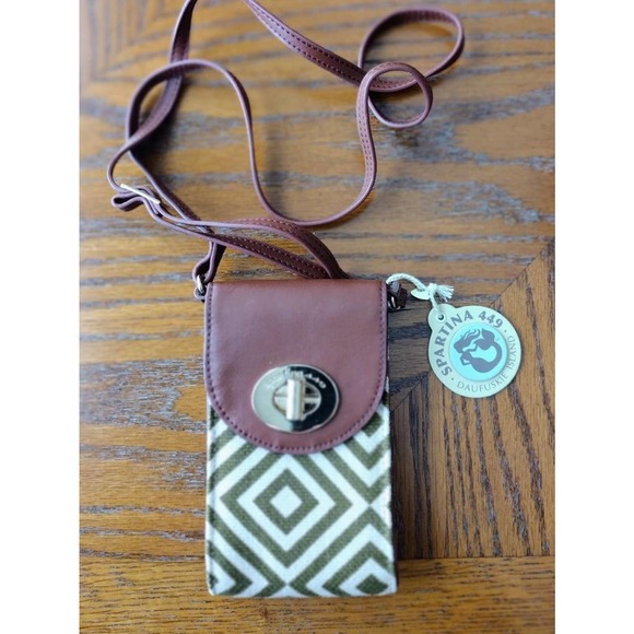 SPARTINA 449 Daufuskie Island Crossbody Phone Credit Cards Linen Cognac Leather - Picture 3 of 7